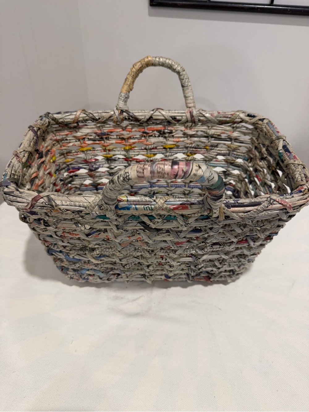 Hand Crafted Multi-Color Woven Newspaper Basket with Gray Tones